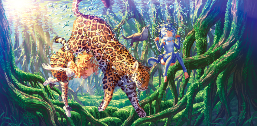 2girls ^_^ absurdres air_bubble animal_ears bare_shoulders barefoot blonde_hair blue_hair bubble closed_eyes closed_mouth commentary_request day elbow_gloves fingerless_gloves freediving full_body fur_collar gloves green_eyes hands_up highres jaguar jaguar_(kemono_friends) jaguar_ears jaguar_print jaguar_tail kemono_friends knees_together_feet_apart knees_up looking_at_another mangrove multicolored_hair multiple_girls one-piece_swimsuit otter otter_ears otter_tail outdoors paws print_gloves print_legwear print_skirt shirt short_hair short_sleeves skirt small-clawed_otter_(kemono_friends) smile submerged swimming swimsuit tail thigh-highs toes tree underwater wasabichan water white_hair yellow_eyes zettai_ryouiki