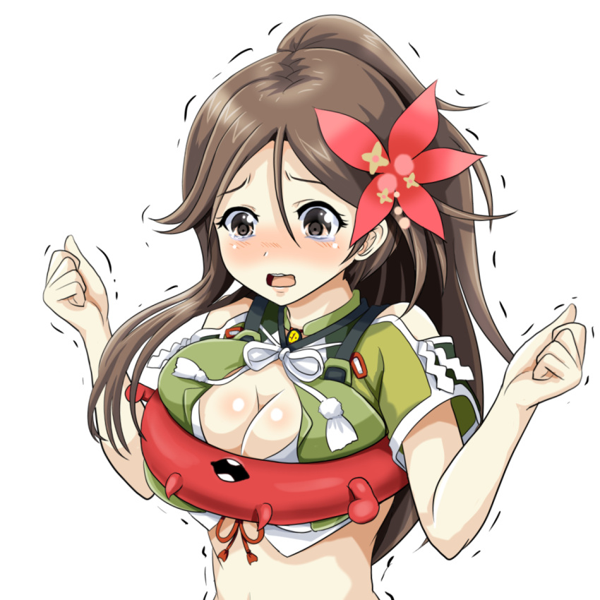 1girl :o amagi_(kantai_collection) blush breast_squeeze breasts brown_eyes brown_hair cleavage clenched_hand enemy_lifebuoy_(kantai_collection) flower hair_flower hair_ornament highres kantai_collection long_hair long_skirt open_mouth ponytail red_flower skirt tears tk8d32 upper_body v_arms