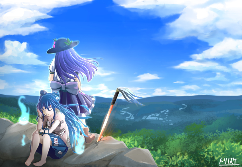 2girls artist_name bangs barefoot blue_hair blue_skirt blue_sky boots bracelet closed_eyes clouds commentary_request day debt dress elbow_on_knee facing_away food forest frilled_skirt frills from_behind fruit grey_hoodie hair_blowing hand_in_hair hand_on_own_knee hat highres hinanawi_tenshi hitodama hood hood_down jewelry layered_dress leaf long_hair mountain mountainous_horizon multiple_girls nature outdoors peach planted_sword planted_weapon puffy_short_sleeves puffy_sleeves scenery short_sleeves sitting skirt sky smile standing stuffed_animal stuffed_cat stuffed_toy sword sword_of_hisou torinosuke touhou very_long_hair weapon wind yorigami_shion