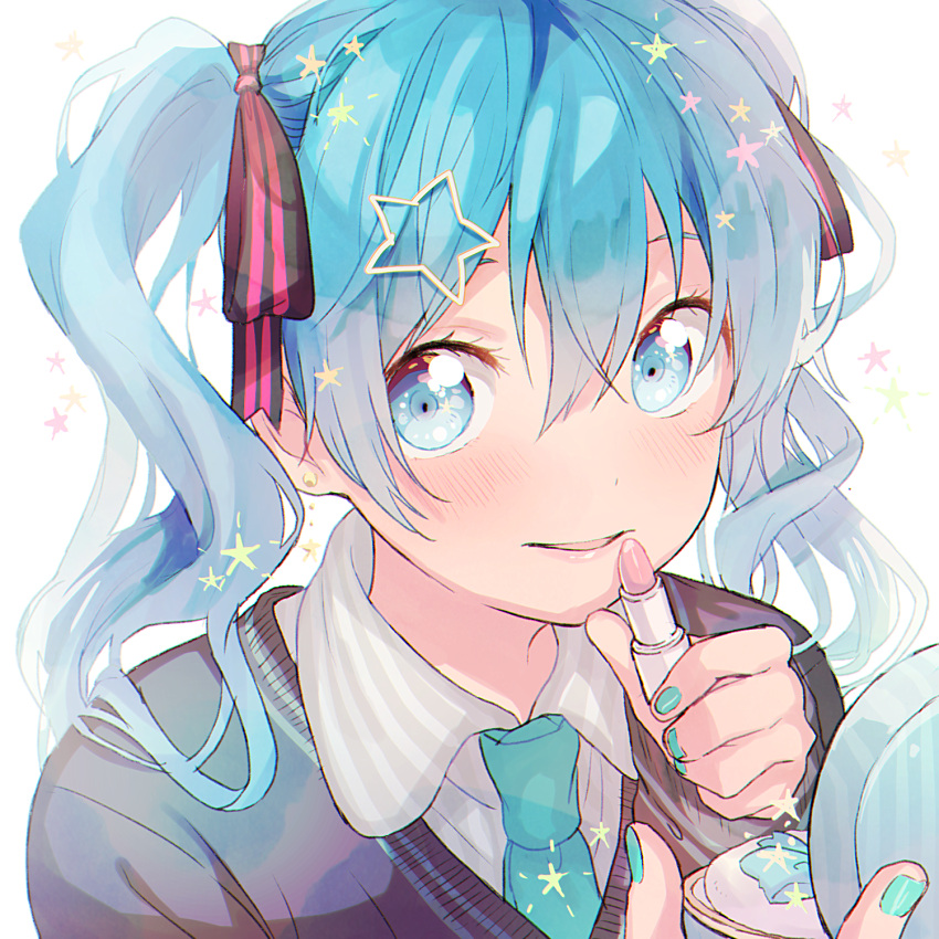 1girl blue_eyes blue_hair blue_nails blush close-up earrings eyelashes face fingernails grey_sweater hair_ornament hair_ribbon hairclip hatsune_miku highres jewelry lipstick long_hair looking_at_viewer makeup nail_polish necktie ribbon shirt simple_background smile solo_focus star star_earrings star_hair_ornament sweater twintails upper_body vocaloid white_background white_shirt yuya_kyoro