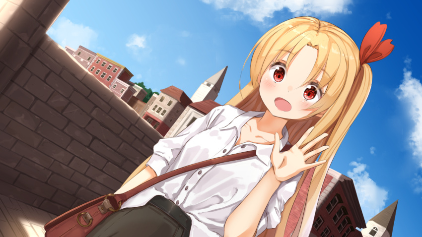 1girl :d ame. azur_lane bag bangs black_skirt blonde_hair blue_sky blush brick_wall building cleveland_(azur_lane) clouds collarbone collared_shirt commentary_request day dress_shirt dutch_angle eyebrows_visible_through_hair hair_between_eyes hand_up handbag long_hair looking_at_viewer one_side_up open_mouth outdoors parted_bangs red_eyes shirt shoulder_bag skirt sky smile solo very_long_hair white_shirt