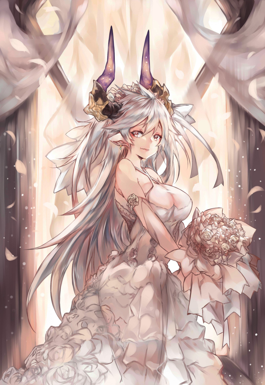 1girl absurdres bangs bare_shoulders bouquet breasts bridal_veil bride criss-cross_halter draph dress earrings elbow_gloves fang flower frills gloves granblue_fantasy grey_hair hair_between_eyes hair_flower hair_ornament hair_ribbon halterneck highres horns jewelry large_breasts long_hair looking_at_viewer looking_to_the_side mi_bait petals red_eyes ribbon rose smile solo thalatha_(granblue_fantasy) veil very_long_hair wedding wedding_dress white_dress white_flower white_gloves white_ribbon