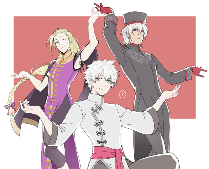 3boys alternate_hairstyle antonio_salieri_(fate/grand_order) blonde_hair braid charles_henri_sanson_(fate/grand_order) chinese_clothes commentary commentary_request fate/grand_order fate_(series) gloves hat kneeling long_hair long_sleeves male_focus mocollie multiple_boys pose red_background red_gloves silver_hair simple_background single_braid white_hair wolfgang_amadeus_mozart_(fate/grand_order)