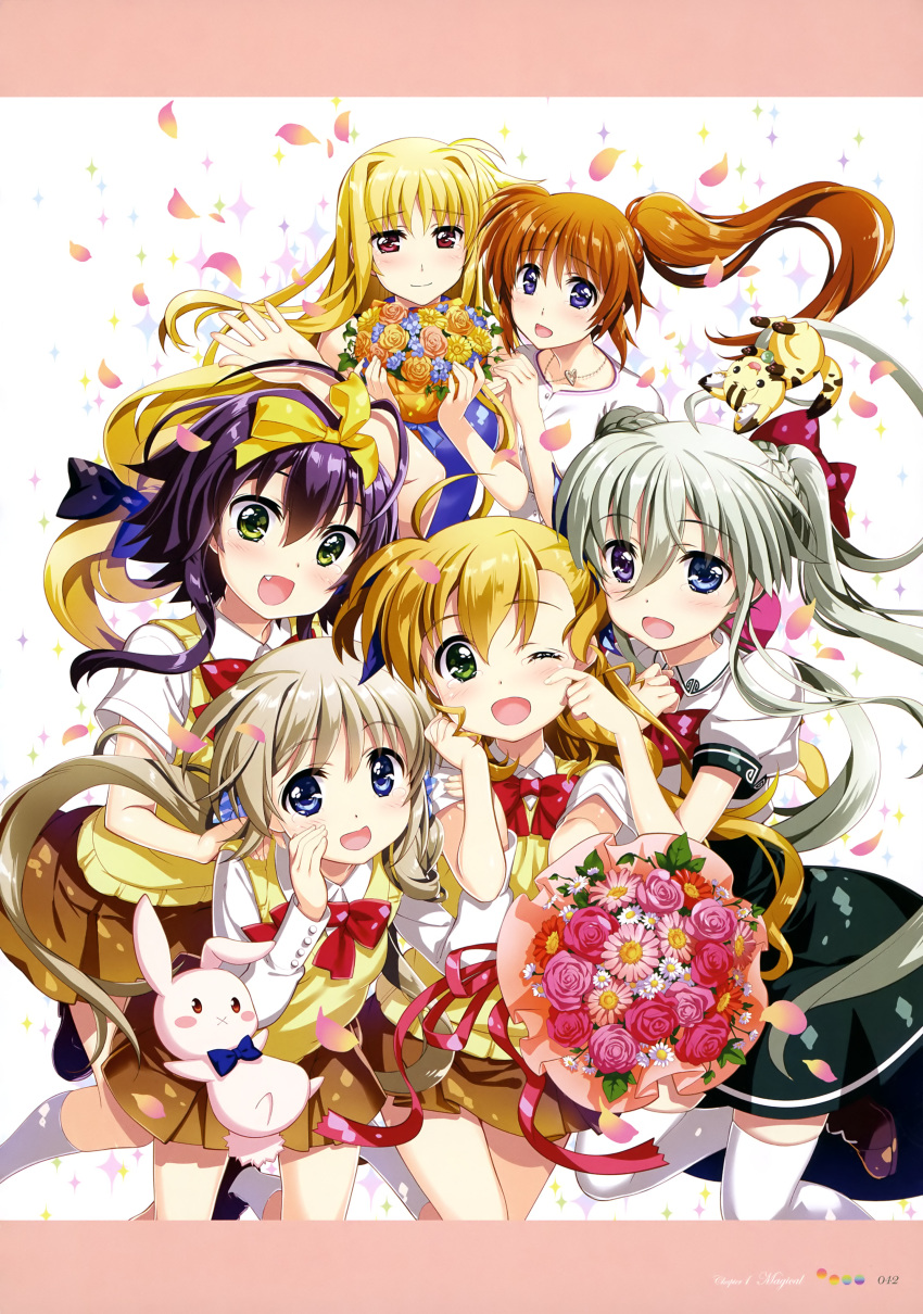 6+girls :3 :d :x absurdres ahoge asteion black_eyes black_footwear blonde_hair blue_dress blue_eyes blue_flower blue_neckwear blue_ribbon blush blush_stickers bouquet bow bowtie braid breasts brown_footwear brown_hair brown_skirt candy_wrapper collared_shirt corona_timir creature dress einhart_stratos english eyebrows_visible_through_hair fang fate_testarossa flower flower_request framed_image french_braid fujima_takuya green_eyes green_hair green_skirt hair_between_eyes hair_bow hair_ribbon hand_on_another's_face hand_on_own_cheek heart heart_necklace heterochromia high-waist_skirt highres holding holding_bouquet kneehighs large_breasts leg_up light_brown_hair loafers long_hair looking_at_viewer low_twintails lyrical_nanoha mahou_shoujo_lyrical_nanoha_vivid multiple_girls official_art open_mouth orange_flower page_number petals pink_flower pleated_skirt ponytail puffy_short_sleeves puffy_sleeves purple purple_hair red_bow red_eyes red_flower red_neckwear red_ribbon ribbon rio_wezley sacred_heart scan school_uniform shirt shoes short_sleeves single_stripe skindentation skirt sleeveless sleeveless_dress small_breasts smile sparkle_background st._hilde_academy_of_magic_uniform stuffed_animal stuffed_bunny stuffed_leopard stuffed_toy sweater_vest takamachi_nanoha tears thigh-highs twintails two_side_up vest violet_eyes vivio white_background white_dress white_flower white_legwear white_shirt white_stripes yellow_flower yellow_ribbon yellow_vest yuri zettai_ryouiki