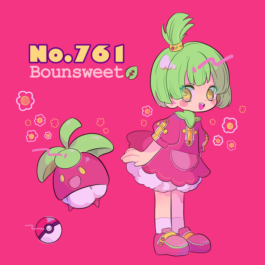 1girl bangs bloomers bounsweet character_name dress flower full_body green_hair highres mameeekueya moemon open_mouth personification pink_background pink_footwear pocket poke_ball pokemon pokemon_(creature) pokemon_number shoes short_hair simple_background smile standing underwear yellow_eyes