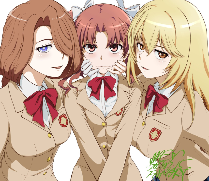 3girls artist_name blonde_hair blush bow bowtie braid breast_pocket breasts brown_eyes brown_hair brown_jacket collared_shirt commentary_request crossed_arms emblem face_grab girl_sandwich gloves hair_intakes hair_over_one_eye hand_on_another's_cheek hand_on_another's_face highres jacket kamino_(toaru_kagaku_no_mental_out) large_breasts leaning_on_person long_hair long_sleeves looking_at_viewer mac-v medium_breasts multiple_girls open_mouth parted_bangs pocket red_bow red_bowtie ribbon sandwiched school_emblem school_uniform shirai_kuroko shirt shokuhou_misaki signature simple_background small_breasts smile star-shaped_pupils star_(symbol) swept_bangs symbol-shaped_pupils toaru_kagaku_no_mental_out toaru_kagaku_no_railgun toaru_majutsu_no_index tokiwadai_school_uniform twintails unhappy violet_eyes white_background white_gloves white_ribbon winter_uniform yellow_eyes