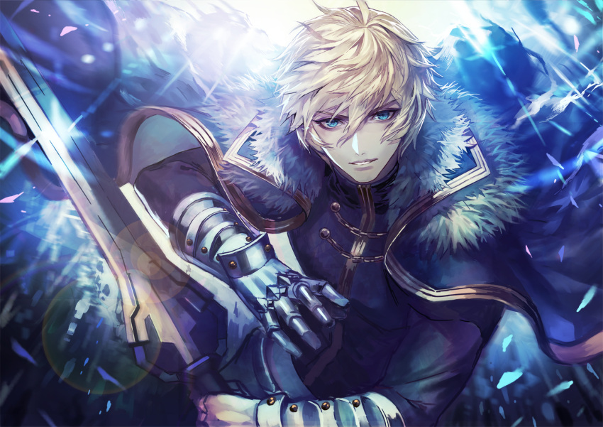 1boy armor black_cape blonde_hair blue_eyes cape commentary_request excalibur_galatine fate/extra fate/grand_order fate_(series) gawain_(fate/extra) gawain_(fate/grand_order) holding holding_sword holding_weapon knight looking_at_viewer male_focus smile solo sword terai_(teraimorimori) weapon