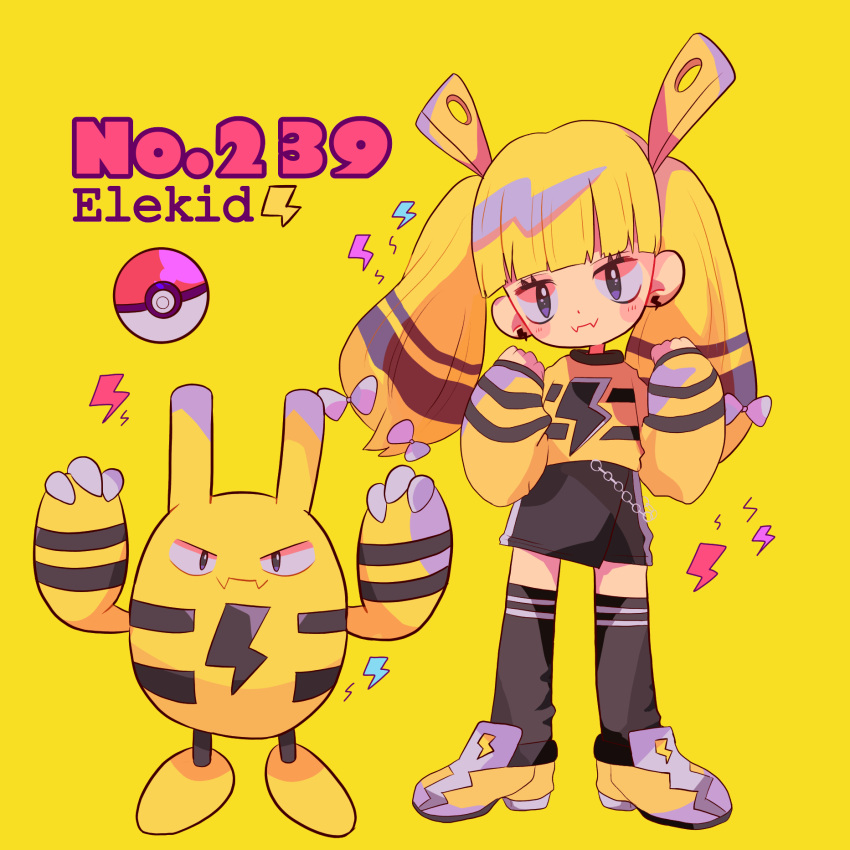 1girl bangs black_legwear blonde_hair blunt_bangs bow chains elekid gen_2_pokemon hair_bow head_tilt highres lightning_bolt long_hair long_sleeves looking_at_viewer mameeekueya moemon personification poke_ball pokemon pokemon_(creature) pokemon_number shirt shoes simple_background striped twintails yellow_background yellow_footwear yellow_shirt