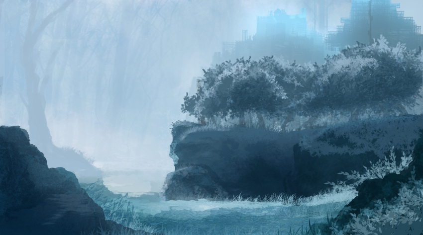 clouds cloudy_sky date_(mamanonamaebot) fog forest grass highres nature no_humans original outdoors overcast river ruins scenery sky tree water
