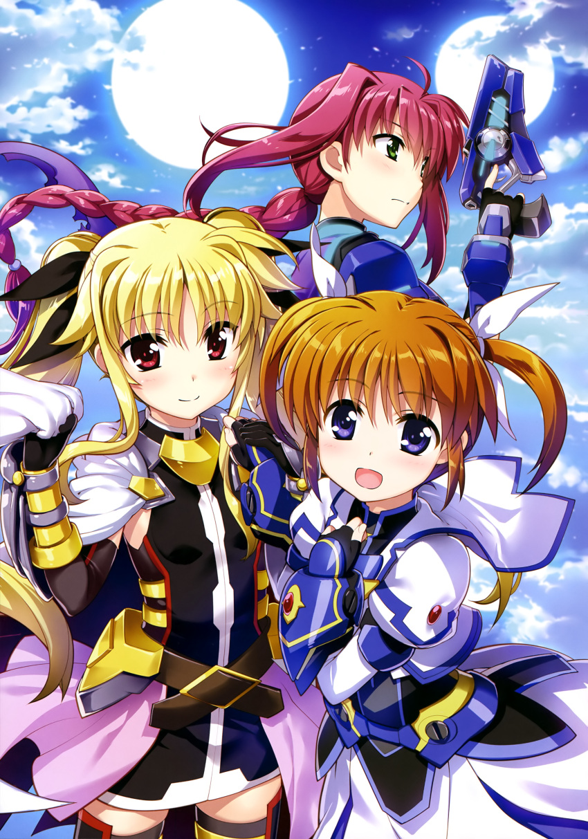 3girls :d absurdres ahoge amitie_florian belt black_bodysuit black_dress black_gloves black_legwear black_ribbon black_shirt blonde_hair blue_sky blue_sleeve_ends blush bodysuit braided_ponytail breasts brooch brown_belt brown_hair cape clouds cloudy_sky cropped_jacket dress elbow_gloves eyebrows_visible_through_hair fate_testarossa fingerless_gloves fujima_takuya gauntlets gloves green_eyes gun hair_between_eyes hair_ribbon hand_on_another's_hand hand_on_own_chest highres holding holding_cape holding_gun holding_weapon jacket jewelry juliet_sleeves long_hair long_sleeves looking_at_viewer looking_to_the_side lyrical_nanoha magical_girl mahou_shoujo_lyrical_nanoha_the_movie_3rd:_reflection multiple_girls multiple_moons neon_trim night official_art open_mouth outdoors overskirt pink_hair pink_skirt print_dress puffy_sleeves purple_cape red_brooch red_eyes ribbon scan shirt short_dress short_hair short_twintails shoulder_armor skindentation skirt sky small_breasts smile takamachi_nanoha thigh-highs trigger_discipline twintails variant_zapper violet_eyes weapon white_cape white_jacket white_ribbon white_skirt zettai_ryouiki