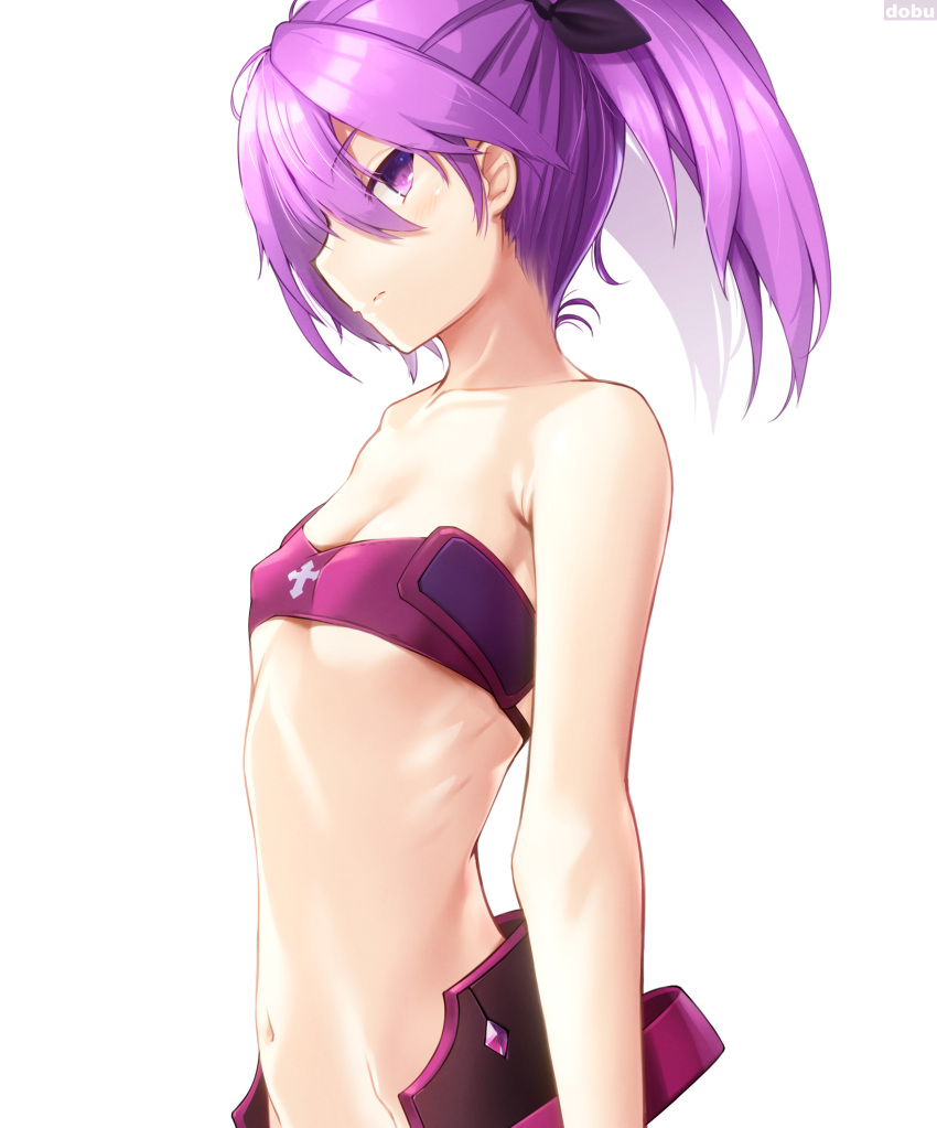1girl absurdres aisha_(elsword) arm_at_side bare_shoulders breasts dobunezumi elsword from_side hair_between_eyes highres medium_hair navel profile purple_hair simple_background small_breasts solo strapless tubetop twintails violet_eyes white_background