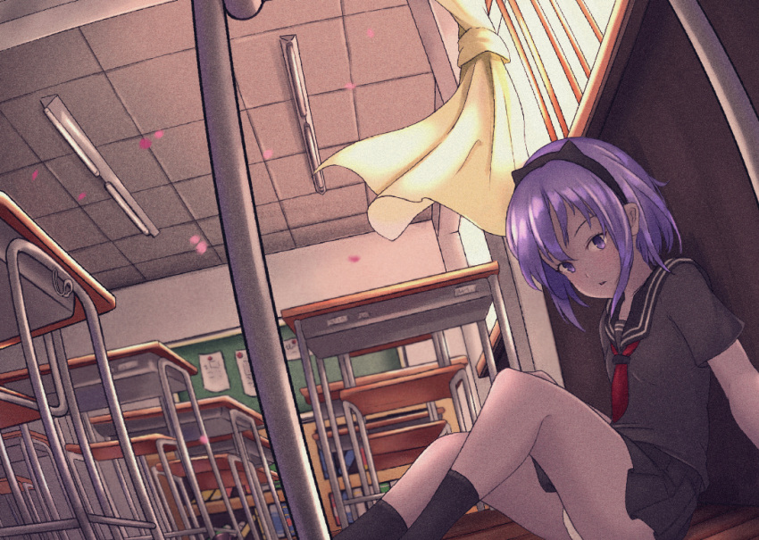 1girl bangs black_legwear black_sailor_collar black_serafuku black_skirt ceiling ceiling_light chair classroom closed_mouth commentary_request curtains dark_skin desk dutch_angle eyebrows_visible_through_hair fate/prototype fate/prototype:_fragments_of_blue_and_silver fate_(series) hair_between_eyes hassan_of_serenity_(fate) indoors kneehighs looking_at_viewer motion_blur neckerchief panties petals pleated_skirt purple_hair red_neckwear sailor_collar school_chair school_desk school_uniform serafuku short_sleeves sitting skirt solo tile_ceiling tiles underwear violet_eyes white_panties window ying_yue_(sarah22108)