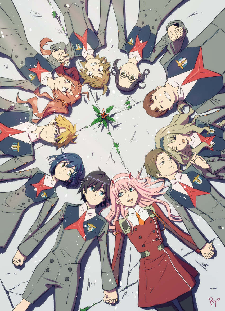 5boys 5girls absurdres ahoge bangs black_hair black_legwear blonde_hair blue_eyes blue_hair blue_hairband brown_eyes brown_hair closed_eyes commentary_request couple darling_in_the_franxx fangs flower futoshi_(darling_in_the_franxx) glasses gorou_(darling_in_the_franxx) green_eyes hair_ornament hairband hairclip hand_holding hetero high_ponytail highres hiro_(darling_in_the_franxx) horns ichigo_(darling_in_the_franxx) ikuno_(darling_in_the_franxx) interlocked_fingers kokoro_(darling_in_the_franxx) light_brown_hair long_hair long_sleeves looking_at_another lying miku_(darling_in_the_franxx) military military_uniform mitsuru_(darling_in_the_franxx) multiple_boys multiple_girls necktie on_back oni_horns orange_neckwear pantyhose petals pink_hair ponytail purple_hair red_horns red_neckwear redhead ryochindempa short_hair thick_eyebrows twintails uniform white_hairband white_hairclip yellow_eyes zero_two_(darling_in_the_franxx) zorome_(darling_in_the_franxx)