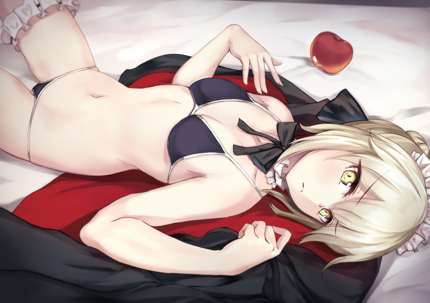 1girl :&lt; apple artoria_pendragon_(all) artoria_pendragon_(swimsuit_rider_alter) bikini black_bikini blonde_hair breasts cleavage eyebrows_visible_through_hair fate/grand_order fate_(series) food fruit garters jacket jacket_removed looking_at_viewer lying maid_headdress nakatokung navel on_back solo swimsuit yellow_eyes