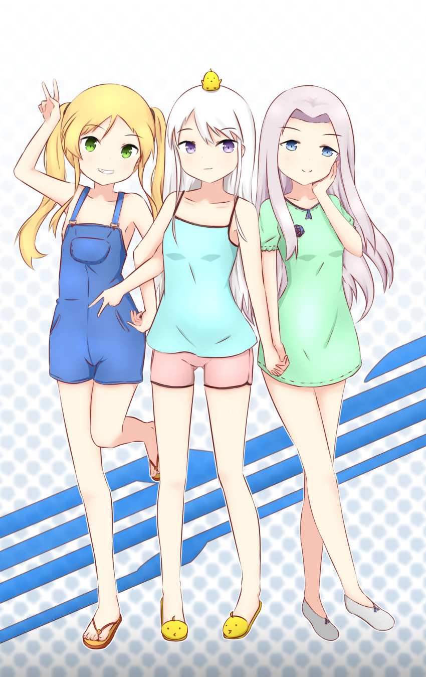 3girls absurdres animal animal_on_head animal_slippers arm_up azur_lane bangs bare_arms bare_shoulders bird bird_on_head blonde_hair blue_camisole blue_eyes blue_flower blue_rose brown_footwear brown_shorts camisole closed_mouth collarbone commentary_request double_v dress enterprise_(azur_lane) eyebrows_visible_through_hair flower girl_sandwich green_dress green_eyes grin hair_between_eyes hand_holding highres hornet_(azur_lane) interlocked_fingers locked_arms long_hair multiple_girls on_head overall_shorts parted_bangs puffy_short_sleeves puffy_sleeves rose sandwiched shoes short_shorts short_sleeves shorts silver_hair slippers smile standing standing_on_one_leg toenails twintails v very_long_hair violet_eyes white_footwear yellow_footwear yorktown_(azur_lane) yuujoduelist zouri