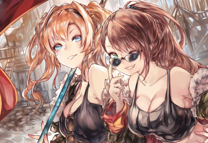 2girls adjusting_eyewear asymmetrical_bangs bangs bare_shoulders beatrix_(granblue_fantasy) black_tank_top blonde_hair blue_eyes braid breasts brown_hair cleavage collarbone flag fur-trimmed_jacket fur_trim granblue_fantasy green_eyes green_jacket grin hair_between_eyes hair_intakes hairband highres jacket large_breasts long_hair looking_at_viewer mi_bait midriff multiple_girls off_shoulder one_eye_closed open_clothes open_jacket polearm ponytail scrunchie smile sunglasses swept_bangs tank_top twintails waist weapon zeta_(granblue_fantasy)