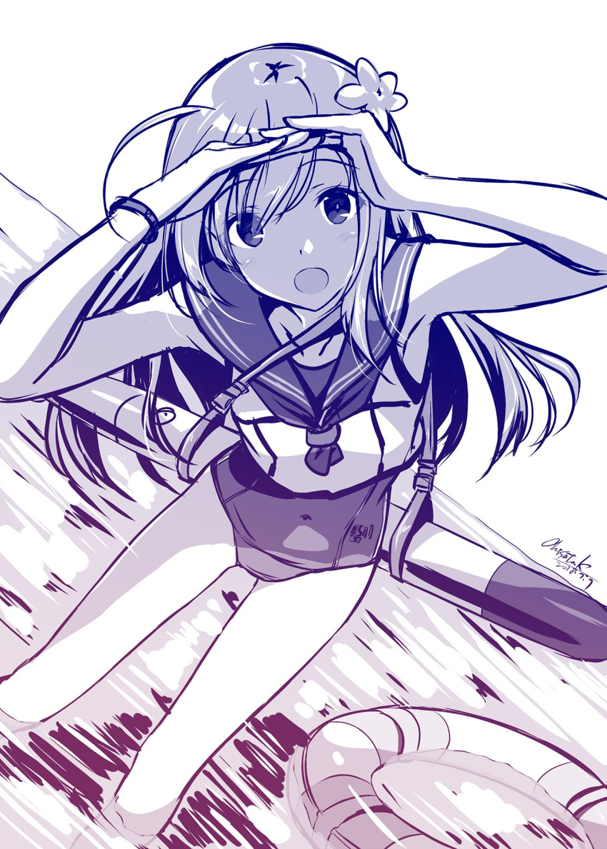 1girl blue crop_top dutch_angle flower hair_flower hair_ornament highres kantai_collection kobayashi_chisato lifebuoy looking_at_viewer monochrome one-piece_swimsuit open_mouth ro-500_(kantai_collection) sailor_collar school_swimsuit shading_eyes signature solo swimsuit swimsuit_under_clothes torpedo wading water