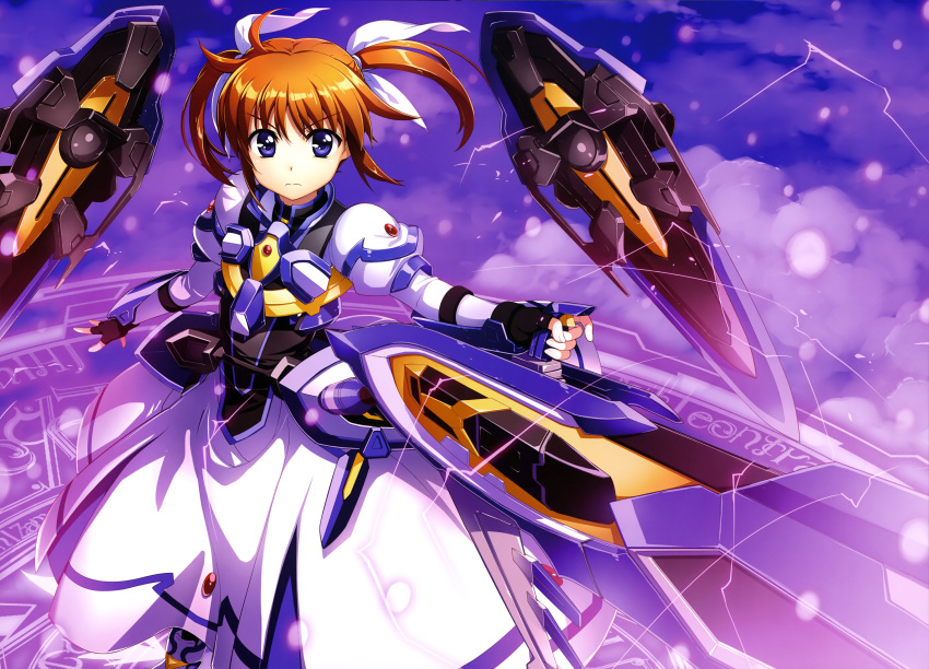 1girl absurdres armor black_gloves black_shirt blue_eyes blue_skirt blue_sky brooch cannon clouds cloudy_sky cropped_jacket energy eyebrows_visible_through_hair fingerless_gloves fujima_takuya gauntlets gloves hair_ribbon highres holding holding_weapon jacket jewelry juliet_sleeves long_skirt long_sleeves looking_at_viewer lyrical_nanoha magical_girl mahou_shoujo_lyrical_nanoha_the_movie_3rd:_reflection night official_art outdoors pleated_skirt print_shirt print_skirt puffy_sleeves raising_heart red_brooch ribbon scan shirt short_hair short_twintails skirt sky takamachi_nanoha trigger_discipline twintails weapon white_footwear white_jacket white_ribbon white_skirt