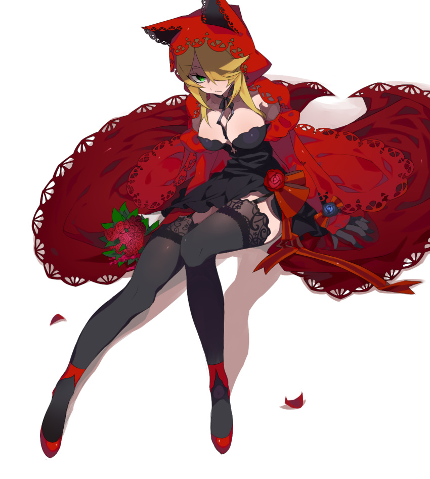 1girl animal_hood ara_taro bangs black_dress black_gloves black_legwear blonde_hair bouquet breasts cleavage commentary_request detached_sleeves dress flower full_body garter_straps gloves green_eyes hair_over_one_eye highres hood hoodie juliet_sleeves large_breasts long_hair long_sleeves looking_at_viewer original petals puffy_sleeves short_dress simple_background sitting sleeves_past_wrists solo swept_bangs thigh-highs thighs tsurime white_background