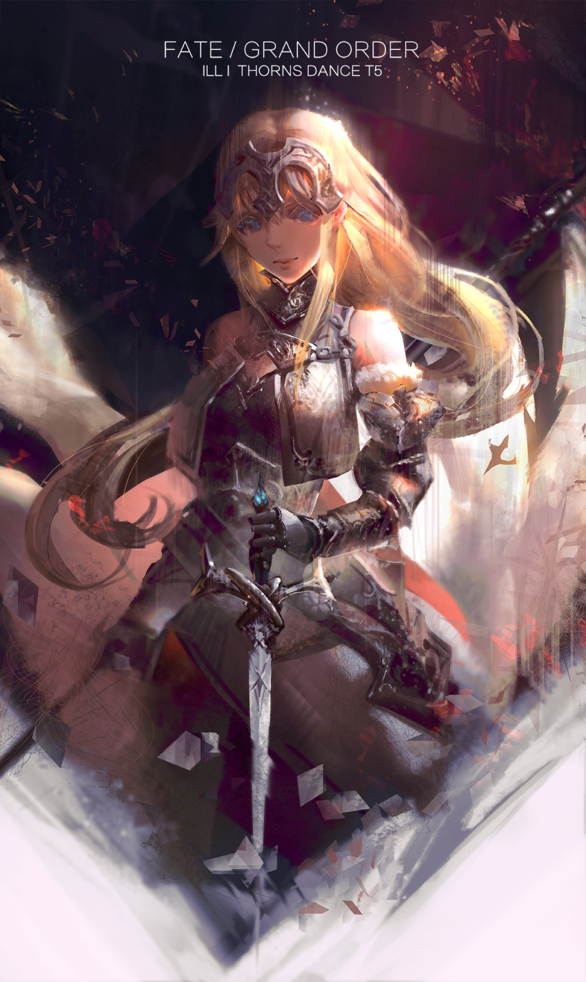 1girl armor armored_dress blonde_hair blue_eyes capelet chains commentary_request fate/apocrypha fate/grand_order fate_(series) faulds flag fur_trim gauntlets headpiece highres holding holding_sword holding_weapon ibara_dance jeanne_d'arc_(fate) jeanne_d'arc_(fate)_(all) long_hair looking_at_viewer pink_lips plackart standard_bearer sword sword_plant weapon