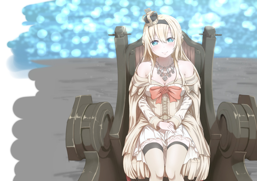 1girl bangs bare_shoulders blonde_hair blue_eyes blush braid breasts collarbone corset crown dress flower french_braid garter_straps giorgio_claes hair_between_eyes hairband hands_on_lap hands_together head_tilt highres jewelry kantai_collection long_hair long_sleeves machinery mini_crown necklace off-shoulder_dress off_shoulder red_flower red_ribbon red_rose ribbon rose sidelocks sitting smile solo thigh-highs thighs throne warspite_(kantai_collection) white_dress white_legwear