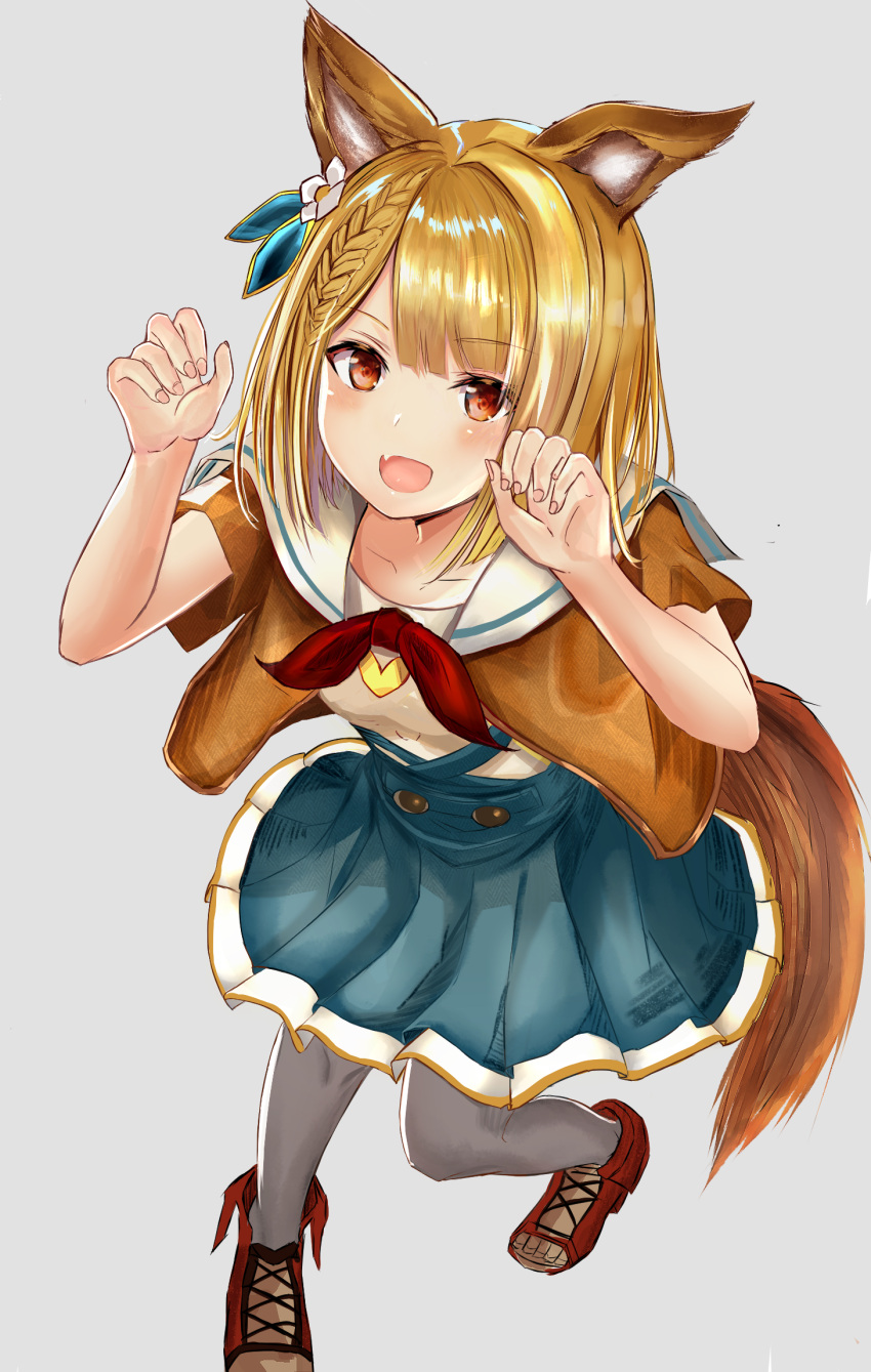 1girl :d animal_ears arms_up blonde_hair blue_skirt blush braid brown_jacket claw_pose collarbone commentary_request dog_ears dog_girl dog_tail fang fingernails granblue_fantasy grey_background grey_legwear high-waist_skirt highres jacket looking_at_viewer open_clothes open_jacket open_mouth pantyhose pleated_skirt red_eyes red_footwear ria_(riarea00) sailor_collar shirt shoes short_sleeves simple_background skirt smile solo tail v-shaped_eyebrows vajra_(granblue_fantasy) white_sailor_collar white_shirt