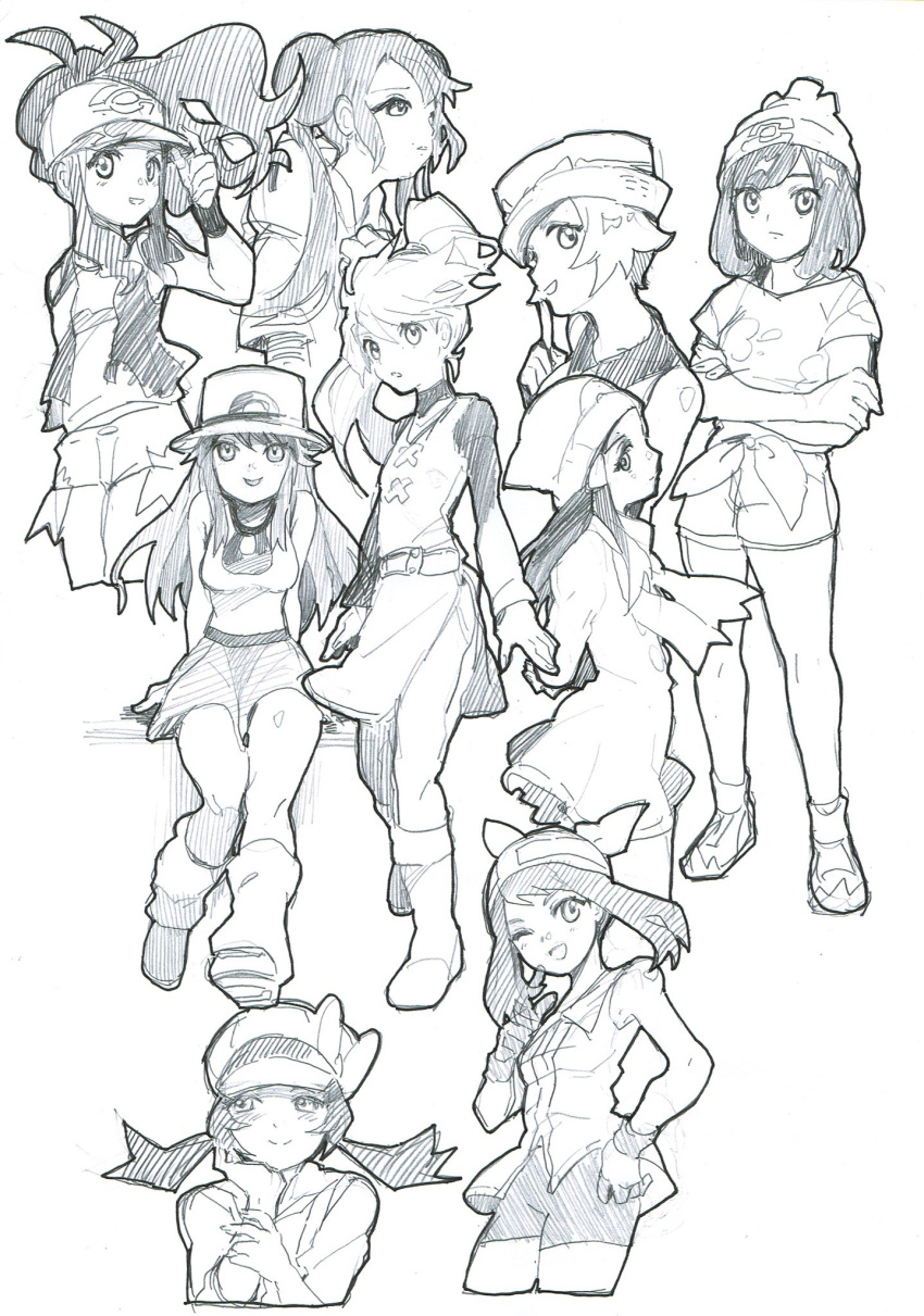 6+girls ankea_(a-ramo-do) bandanna bangs baseball_cap beanie bike_shorts black_vest blue_(pokemon) boots breasts closed_mouth coat crossed_arms crystal_(pokemon) cutoffs double_bun floral_print full_body gloves graphite_(medium) greyscale hair_between_eyes hair_ornament hairclip hand_on_own_face hat hat_ribbon head_scarf highres long_hair looking_at_viewer monochrome moon_(pokemon) multiple_girls odamaki_sapphire platinum_berlitz pokemon pokemon_special ponytail ribbon scarf shirt short_hair short_sleeves shorts simple_background sitting skirt smile standing tied_shirt traditional_media twintails vest whi-two_(pokemon) white_(pokemon) white_background wristband y_na_gaabena yellow_(pokemon)