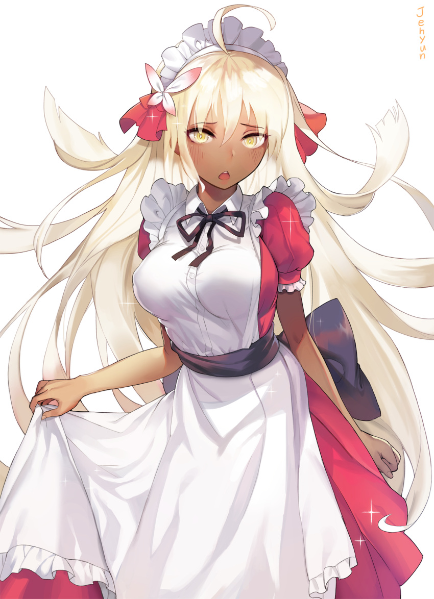 1girl ahoge alternate_costume apron bangs black_ribbon blonde_hair blush breasts butterfly_hair_ornament collared_dress commentary_request dark_skin dress enmaided eyebrows_visible_through_hair fate/grand_order fate_(series) fingernails frilled_apron frills hair_between_eyes hair_ornament hair_ribbon highres jehyun koha-ace large_breasts long_hair looking_at_viewer maid maid_apron maid_headdress okita_souji_(alter)_(fate) okita_souji_(fate)_(all) open_mouth puffy_short_sleeves puffy_sleeves red_dress red_ribbon ribbon round_teeth short_sleeves simple_background solo teeth upper_teeth very_long_hair white_apron white_background yellow_eyes