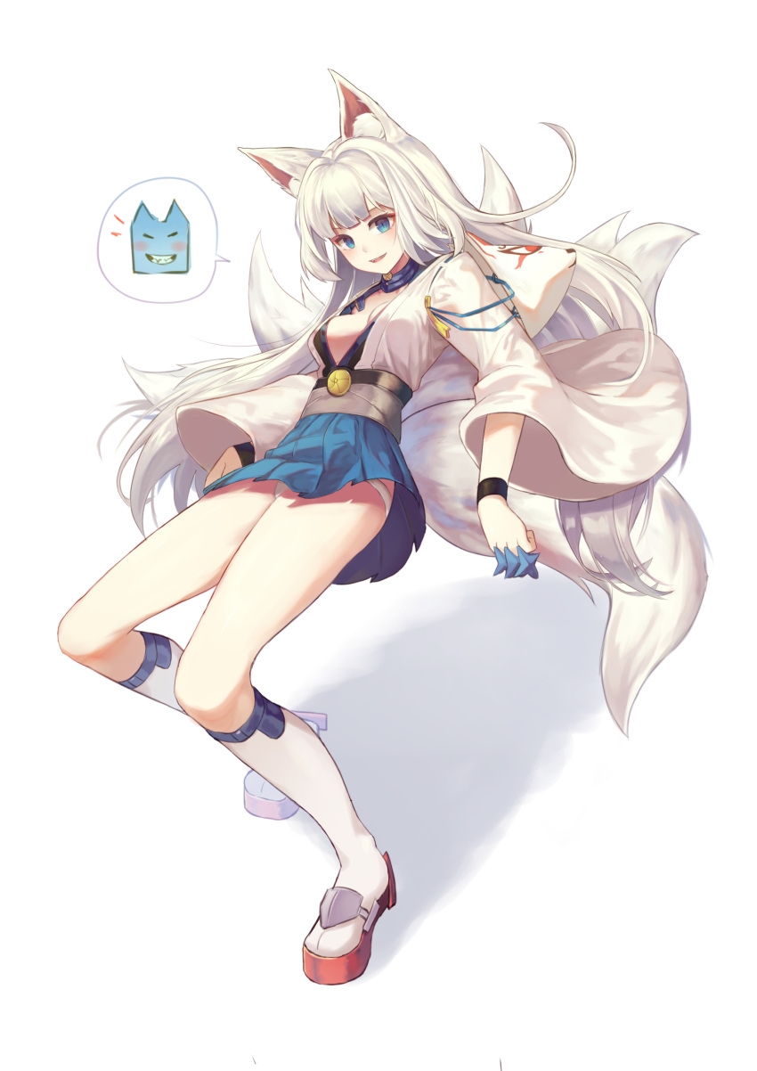 1girl absurdres alternate_hair_length alternate_hairstyle animal_ears azur_lane blue_eyes blue_skirt breasts choker cleavage fox_ears fox_mask fox_tail full_body highres kaga_(azur_lane) kyuubi long_hair looking_at_viewer mask medium_breasts multiple_tails open_mouth revision simple_background skirt smile socks solo sugar_(dndi888) tail white_background white_hair