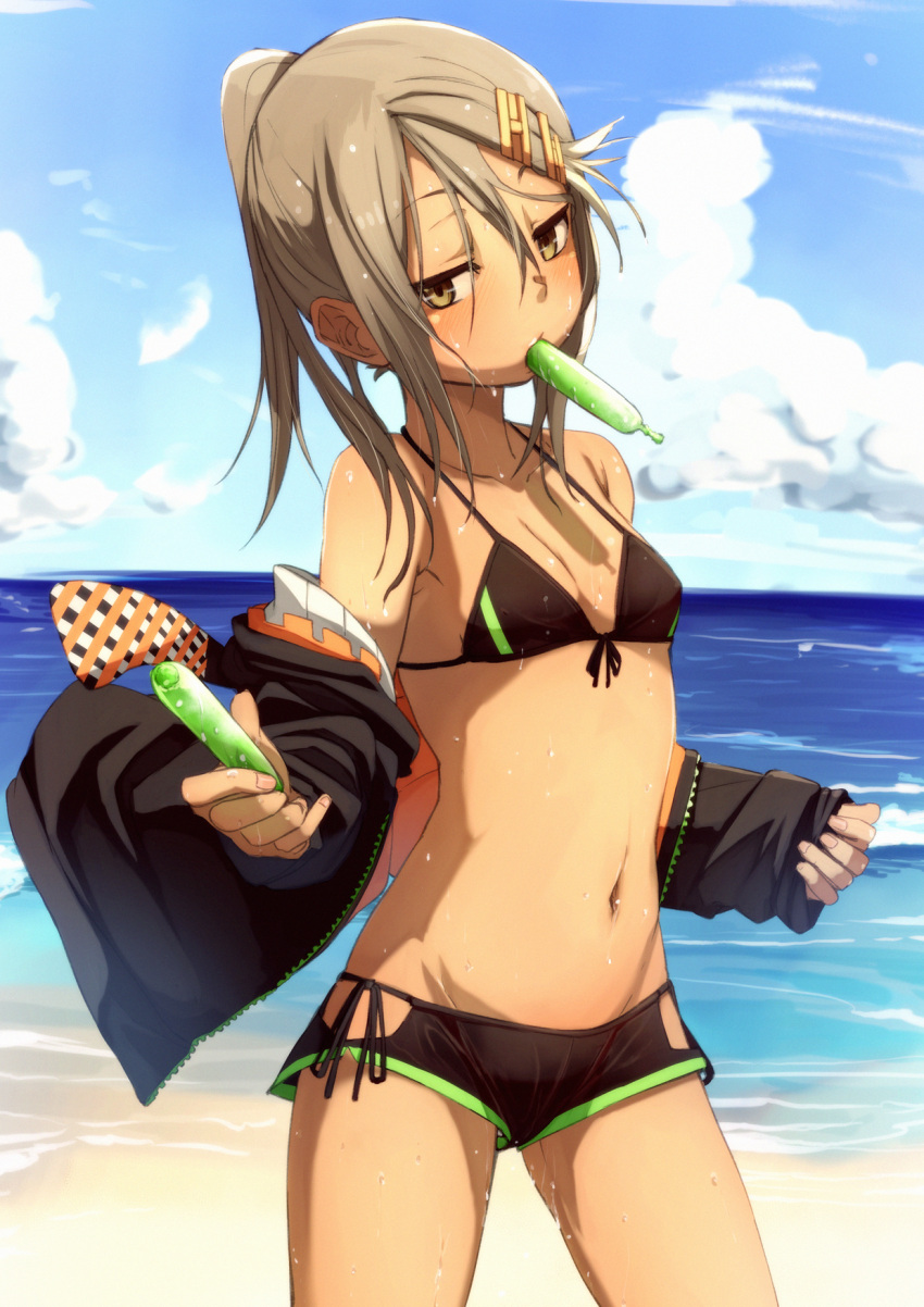 1girl bikini boots brown_eyes food fu-ta grey_hair hair_ornament hairclip hand_up highres hood hoodie long_sleeves looking_at_viewer mouth_hold ocean off_shoulder original ponytail popsicle side-tie_bikini solo swimsuit usami_taiga wet