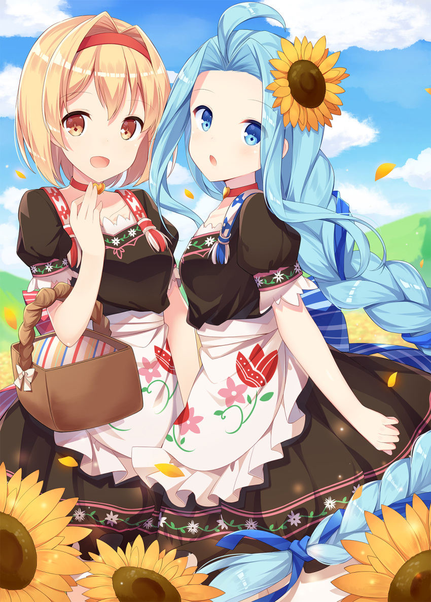 2girls :d absurdly_long_hair ahoge amemiya_ruki apron bangs basket blonde_hair blue_eyes blue_hair blue_ribbon blue_sky blush brown_dress brown_eyes clouds cloudy_sky commentary_request day djeeta_(granblue_fantasy) dress eyebrows_visible_through_hair floral_print flower granblue_fantasy hair_between_eyes hair_flower hair_ornament hair_ribbon hairband highres long_hair looking_at_viewer lyria_(granblue_fantasy) multiple_girls open_mouth orange_flower outdoors parted_bangs petals print_apron puffy_short_sleeves puffy_sleeves red_hairband ribbon short_sleeves sky smile very_long_hair waist_apron white_apron