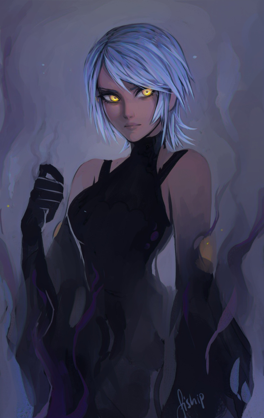 1girl absurdres aqua_(kingdom_hearts) artist_name aura corruption dark_aura dark_skin detached_sleeves glowing glowing_eyes grey_background highres kingdom_hearts kingdom_hearts_iii looking_to_the_side matilda_vin serious short_hair silver_hair solo upper_body yellow_eyes