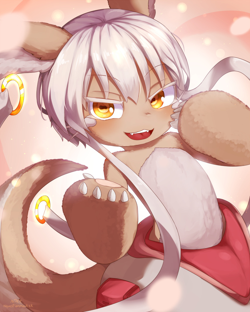 1girl animal_ears artist_name blush eyebrows_visible_through_hair fangs furry highres long_hair looking_at_viewer made_in_abyss nanachi_(made_in_abyss) nickniceth open_mouth signature smile solo teeth upper_body white_hair yellow_eyes