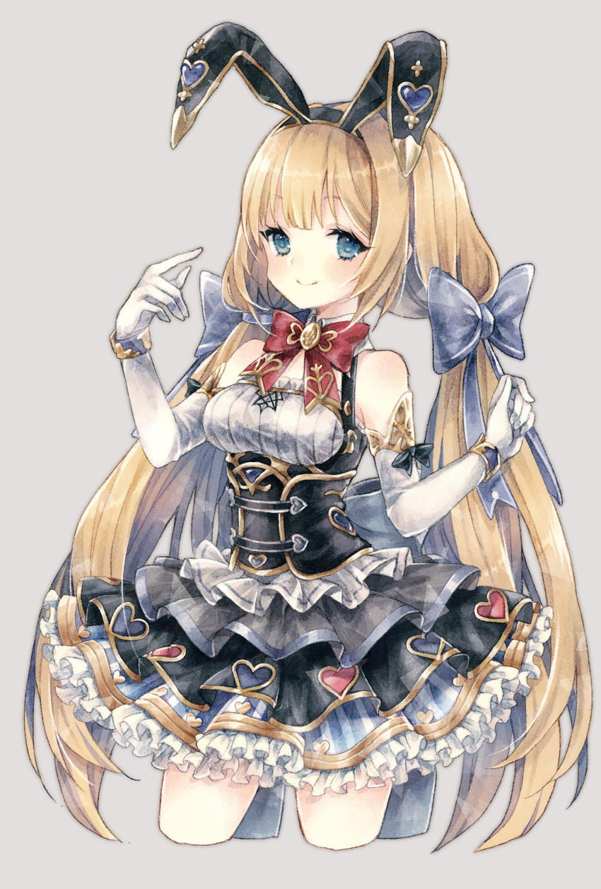 1girl animal_ears arm_up bare_shoulders black_skirt blonde_hair blue_bow blue_eyes bow closed_mouth commentary_request copyright_request cropped_legs elbow_gloves gloves grey_background hair_bow hand_up heart highres kikka_(kicca_choco) layered_skirt long_hair low_twintails pleated_skirt rabbit_ears simple_background skirt smile solo twintails underbust very_long_hair white_gloves