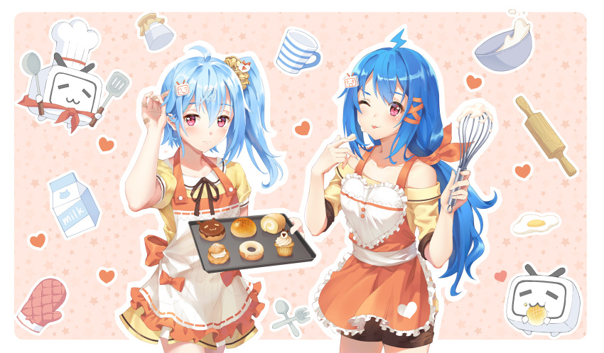 2girls ahoge alternate_eye_color apron baking_sheet bili_girl_22 bili_girl_33 bilibili_douga blue_hair blush breasts carminar closed_mouth collarbone cupcake doughnut eyebrows_visible_through_hair food food_request fork hair_ornament heart highres ladle long_hair looking_at_viewer medium_breasts multiple_girls one_eye_closed oven_mitts pink_eyes play_button rolling_pin short_hair smile spatula spoon sunny_side_up_egg tongue tongue_out whisk