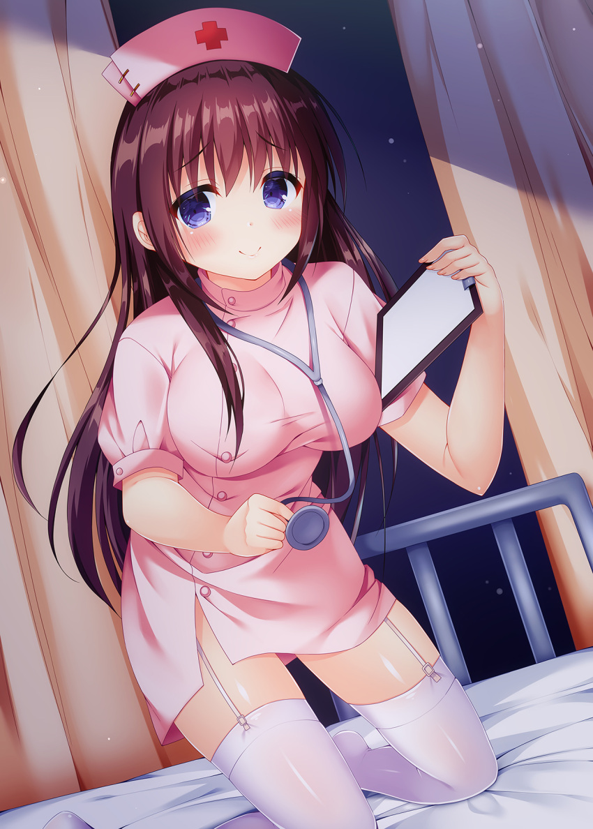 1girl bangs bed blue_eyes blush breasts brown_hair clipboard closed_mouth commentary_request curtains dress dutch_angle eyebrows_visible_through_hair fingernails fujikura_ryuune garter_straps hair_between_eyes hands_up hat highres holding hospital_bed indoors long_hair looking_at_viewer medium_breasts no_shoes nurse nurse_cap original pink_dress pink_hat puffy_short_sleeves puffy_sleeves red_cross short_sleeves smile solo stethoscope thigh-highs very_long_hair white_legwear