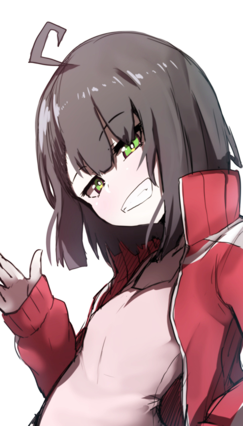 1girl absurdres ahoge bangs black_hair blush breasts commentary_request eyebrows_visible_through_hair green_eyes grin hair_between_eyes hand_up head_tilt highres jacket long_sleeves looking_at_viewer open_clothes open_jacket original pink_tank_top red_jacket simple_background sleeves_past_wrists small_breasts smile solo tank_top track_jacket wada_kazu white_background