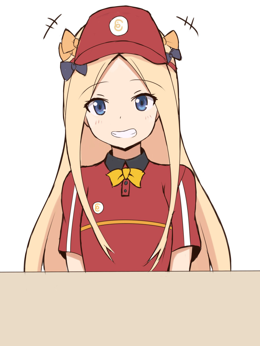 +++ 1girl abigail_williams_(fate/grand_order) absurdres alternate_costume bangs black_bow blonde_hair blue_eyes blush bow collared_shirt commentary_request employee_uniform eyebrows_visible_through_hair fate/grand_order fate_(series) flat_cap forehead grin hair_bow hat highres long_hair looking_at_viewer mitchi orange_bow parted_bangs polo_shirt red_hat red_shirt shirt short_sleeves simple_background smile solo uniform very_long_hair white_background