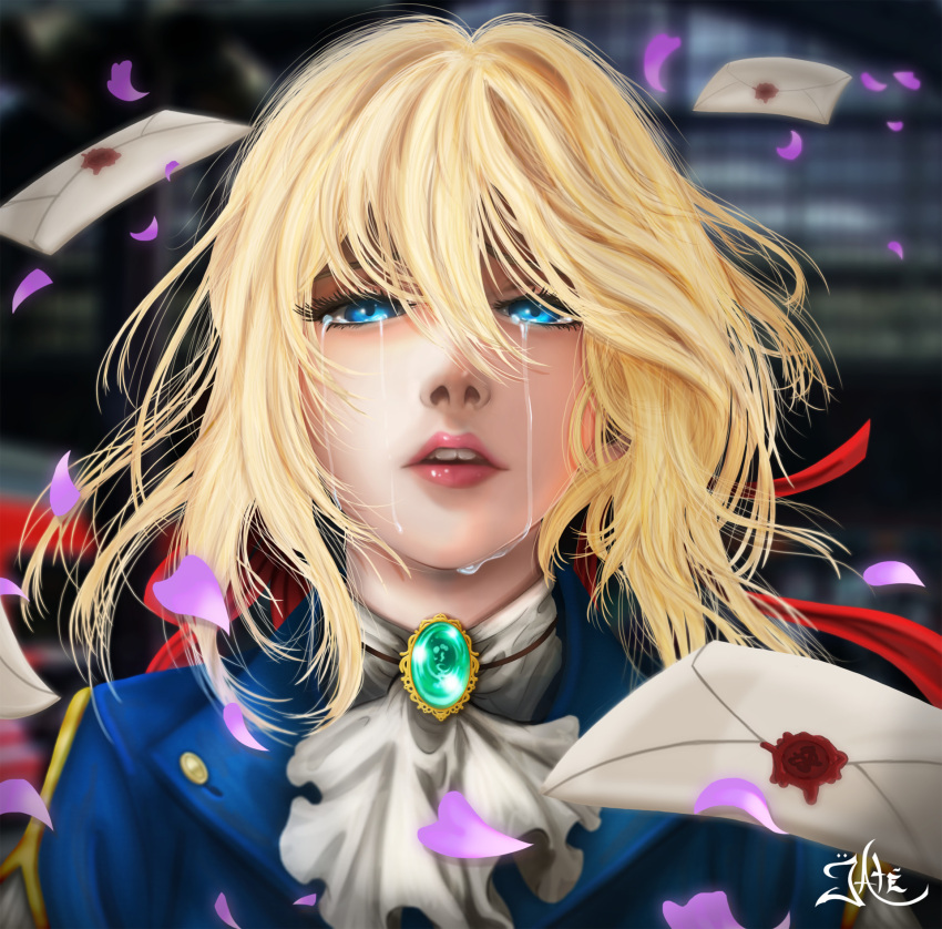 1girl blonde_hair blue_eyes blue_jacket braid brooch commentary crying crying_with_eyes_open english_commentary envelope face facing_viewer falling_petals hair_between_eyes hair_ribbon highres jacket jewelry letter looking_at_viewer parted_lips petals red_ribbon ribbon taylor_tate tears violet_(flower) violet_evergarden violet_evergarden_(character) white_neckwear