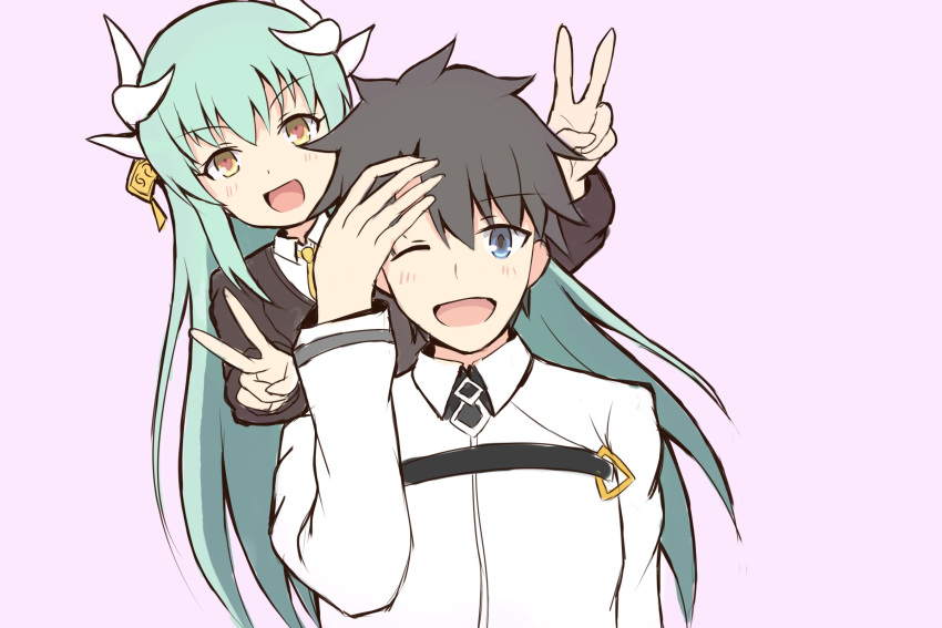 1boy 1girl :d ;d arm_up bangs black_hair black_jacket blazer blue_eyes brown_eyes chaldea_uniform collared_shirt commentary_request double_v dragon_horns eyebrows_visible_through_hair fate/grand_order fate_(series) fujimaru_ritsuka_(male) green_hair hair_between_eyes hair_ornament heart heart-shaped_pupils highres horns jacket kiyohime_(fate/grand_order) long_hair long_sleeves looking_at_viewer mitchi necktie one_eye_closed open_mouth purple_background shirt simple_background smile symbol-shaped_pupils uniform v very_long_hair white_jacket white_shirt yellow_neckwear