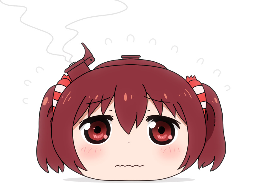 1girl bangs blush closed_mouth commentary_request ebina_nana eyebrows_visible_through_hair flying_sweatdrops hair_between_eyes hair_ornament head himouto!_umaru-chan red_eyes redhead shirosato solo steam teapot twintails wavy_mouth what white_background