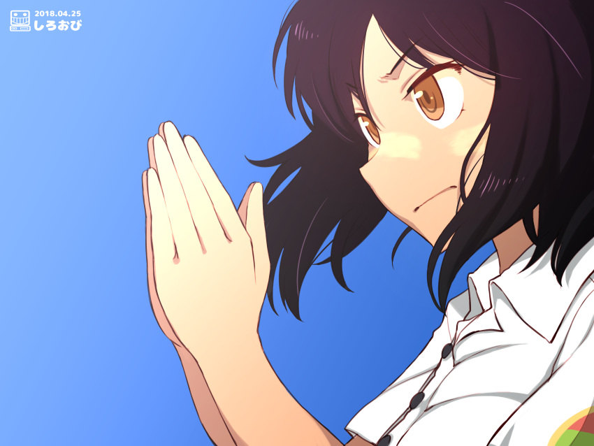 1girl absurdres artist_name aung_(girls_und_panzer) bangs black_hair blue_background closed_mouth collared_shirt commentary dark_skin dated facepaint frown girls_und_panzer girls_und_panzer_ribbon_no_musha hands_together highres long_hair looking_to_the_side portrait shiroobi_(whitebeltmaster) shirt short_hair short_sleeves solo tategoto_military_uniform v-shaped_eyebrows watermark white_shirt
