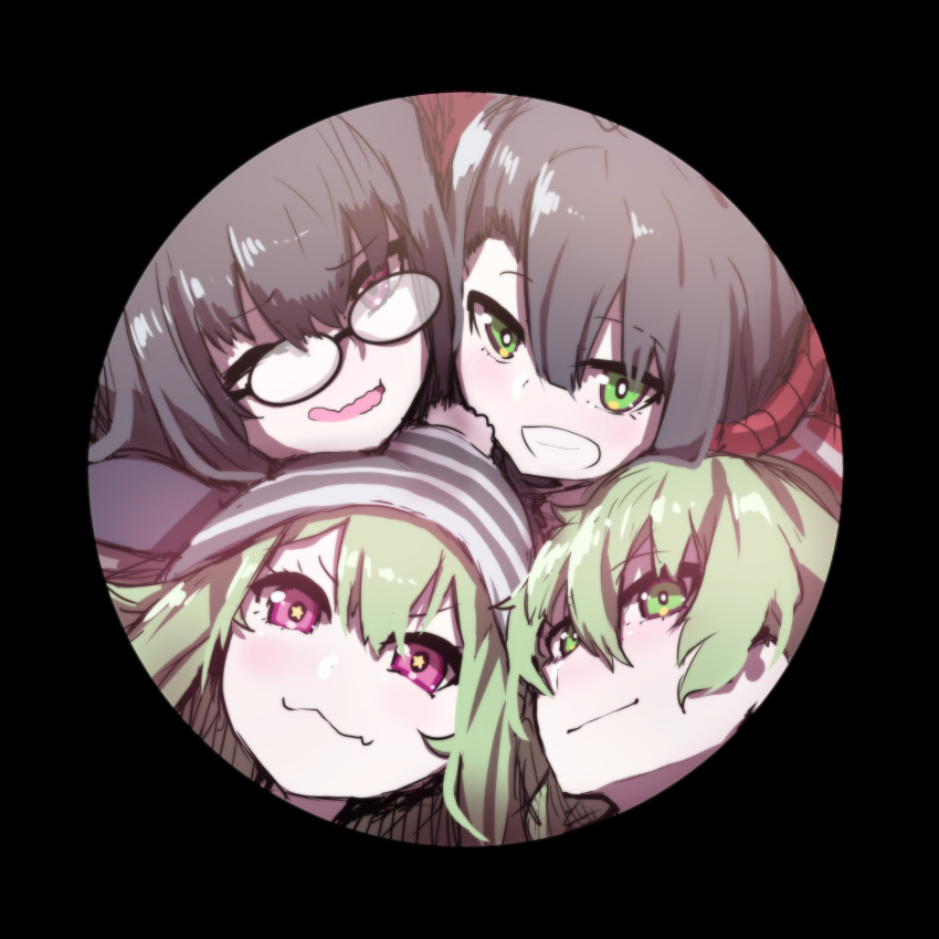 4girls :3 absurdres bangs beanie black-framed_eyewear black_hair closed_mouth commentary_request eyebrows_visible_through_hair glasses green_eyes green_hair grin hair_between_eyes hat highres jacket looking_at_viewer multiple_girls open_mouth original red_jacket smile star star-shaped_pupils striped_hat symbol-shaped_pupils track_jacket v-shaped_eyebrows violet_eyes wada_kazu wavy_mouth
