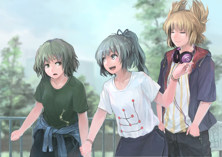 3girls :d alternate_costume bare_arms belt blonde_hair casual closed_eyes closed_mouth collarbone commentary_request contemporary day green_eyes green_hair green_shirt grey_eyes hair_ribbon hand_up hands_in_pockets headphones headphones_around_neck high_ponytail highres hood hood_down hoodie ichiba_youichi leaning_forward long_hair looking_at_another mononobe_no_futo multiple_girls open_clothes open_hoodie open_mouth outdoors pants pocket pointing pointy_hair ponytail railing ribbon shirt short_hair short_sleeves silver_hair skirt smile soga_no_tojiko standing striped striped_shirt t-shirt touhou toyosatomimi_no_miko upper_body white_shirt wrist_grab