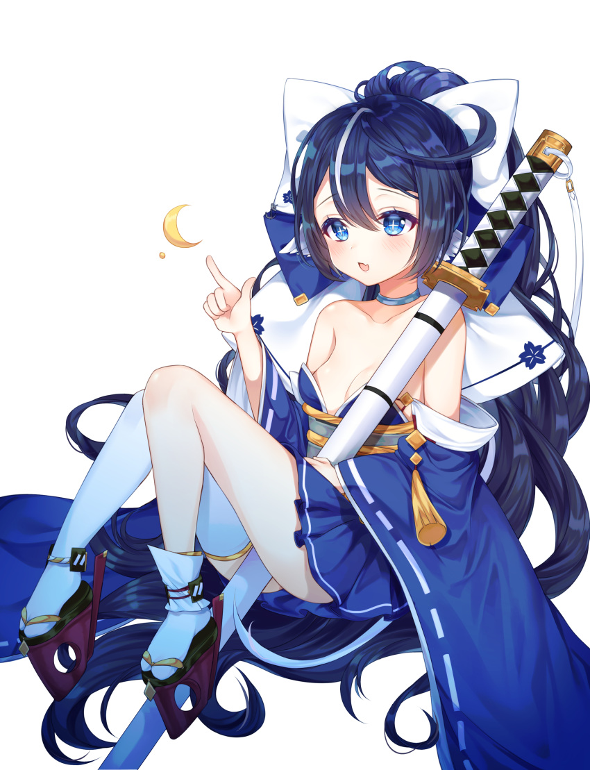 +_+ 1girl :d absurdres azur_lane bangs bare_shoulders between_legs black_footwear blue_eyes blue_hair blue_kimono blue_skirt blush bow breasts cleavage collarbone commentary_request crescent detached_sleeves eyebrows_visible_through_hair fang full_body hair_between_eyes hair_bow hand_up high_ponytail highres index_finger_raised japanese_clothes katana kimono long_hair long_sleeves medium_breasts multicolored_hair open_mouth platform_footwear pleated_skirt ponytail reel37891 ribbon-trimmed_sleeves ribbon_trim sheath sheathed short_kimono simple_background single_sock single_thighhigh sitting skirt smile socks solo strapless streaked_hair sword thigh-highs very_long_hair weapon white_background white_bow white_hair white_legwear wide_sleeves yoizuki_(azur_lane) zouri