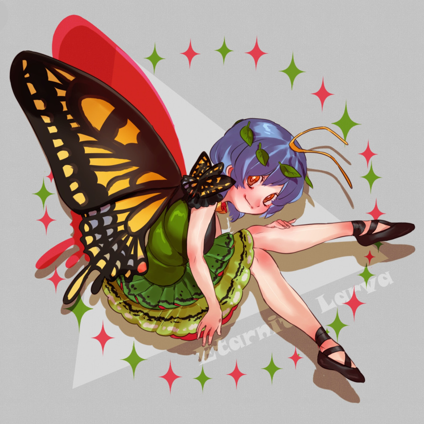 1girl antennae bangs bare_arms black_footwear blue_hair bright_pupils butterfly_wings character_name closed_mouth dress eternity_larva fairy full_body green_dress hair_ornament highres leaf leaf_hair_ornament looking_at_viewer masanaga_(tsukasa) orange_eyes shoes short_hair silhouette smile solo touhou typo white_pupils wings yellow_wings