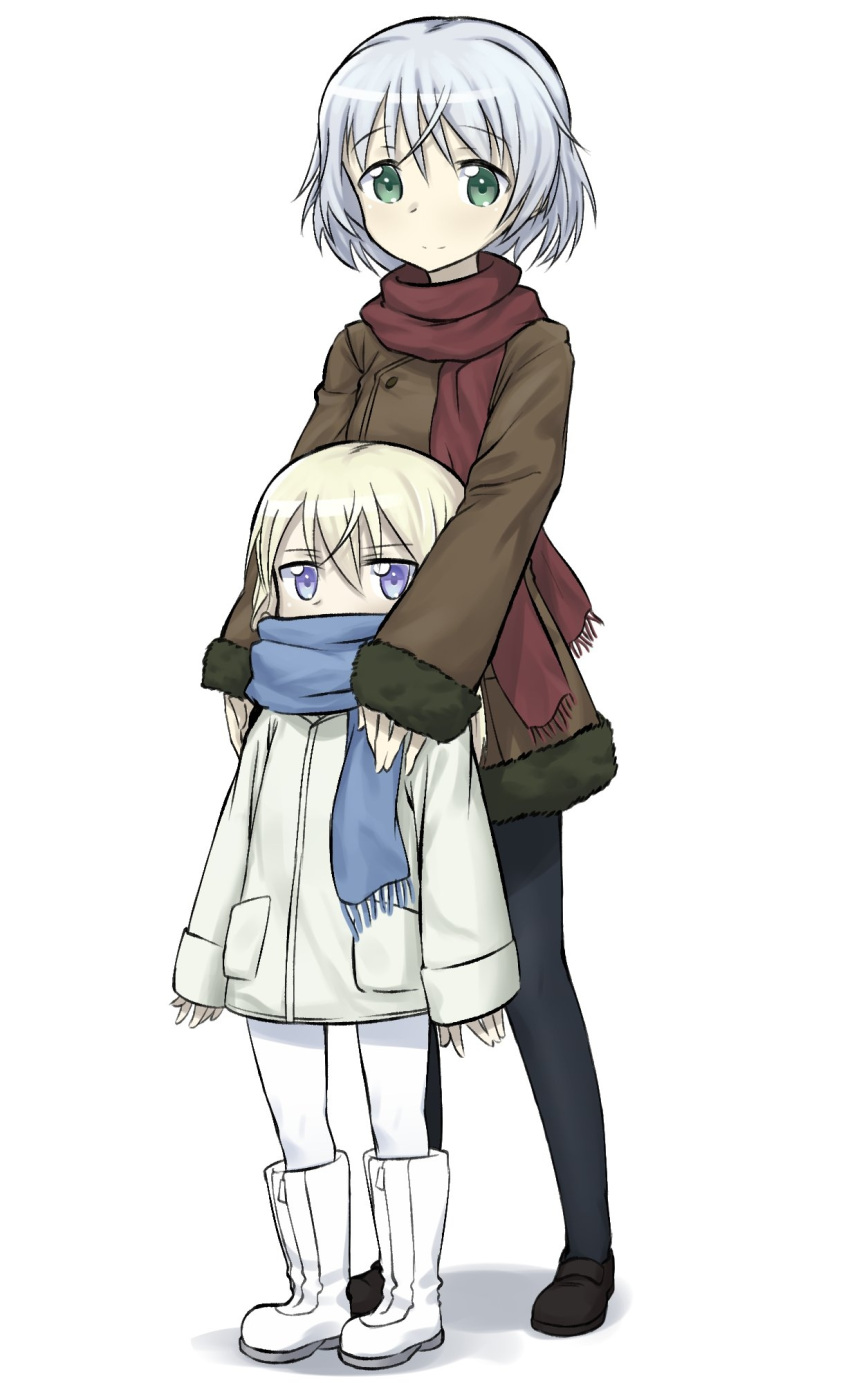 2girls black_footwear black_legwear blonde_hair blue_eyes blue_scarf boots brown_coat closed_mouth coat covered_mouth eila_ilmatar_juutilainen fankupl fringe full_body fur-trimmed_sleeves fur_trim green_eyes highres hug hug_from_behind long_hair long_sleeves looking_at_viewer multiple_girls pantyhose red_scarf sanya_v_litvyak scarf shoes short_hair silver_hair simple_background smile standing strike_witches white_background white_coat white_footwear white_legwear world_witches_series younger
