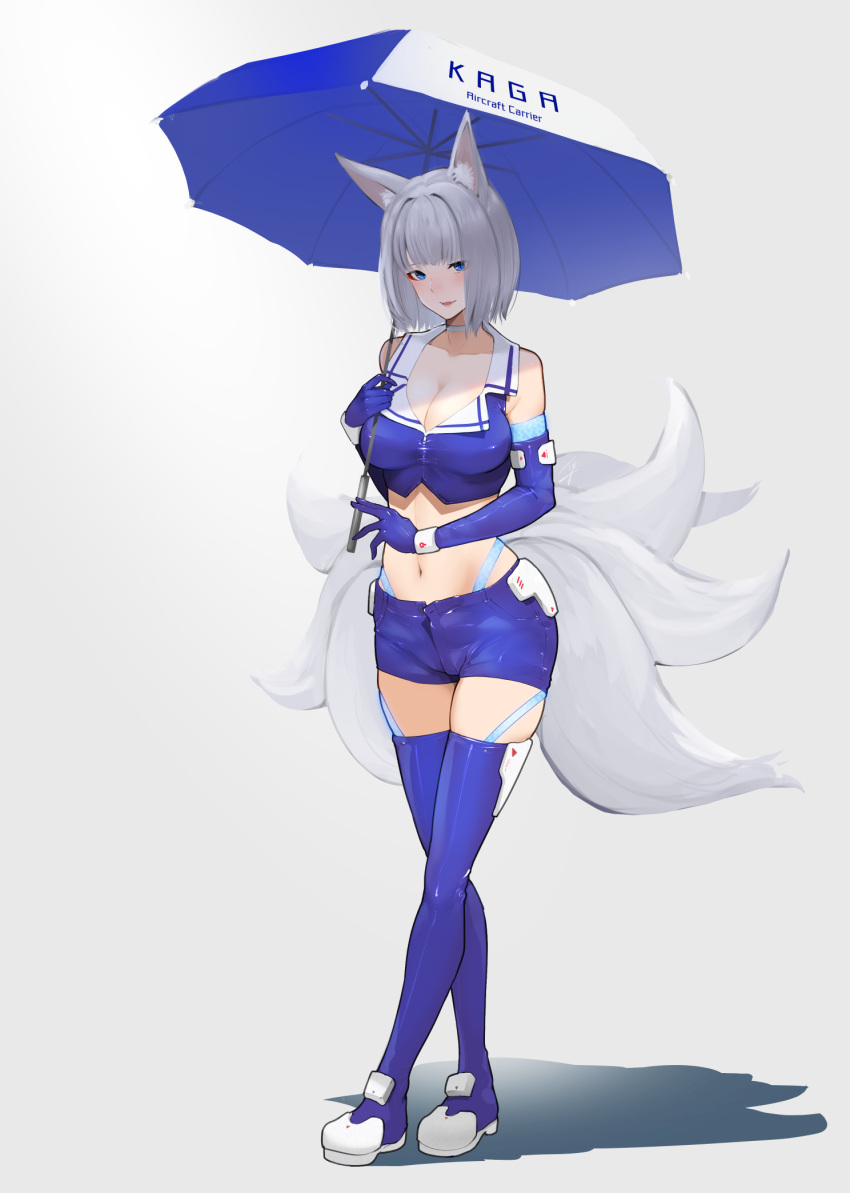 1girl animal_ears azur_lane bare_shoulders blue_eyes blue_footwear blue_gloves blue_legwear blue_shirt blue_shorts blue_umbrella blush boots breasts character_name choker cleavage collarbone crop_top elbow_gloves eyebrows_visible_through_hair eyeliner eyes_visible_through_hair eyeshadow fangs fox_ears fox_tail full_body gloves grey_background hayabusa highres holding holding_umbrella kaga_(azur_lane) kitsune large_breasts looking_at_viewer makeup midriff multiple_tails navel parted_lips racequeen shirt short_hair shorts simple_background skindentation smile solo standing tail thigh-highs thigh_boots umbrella white_hair zettai_ryouiki