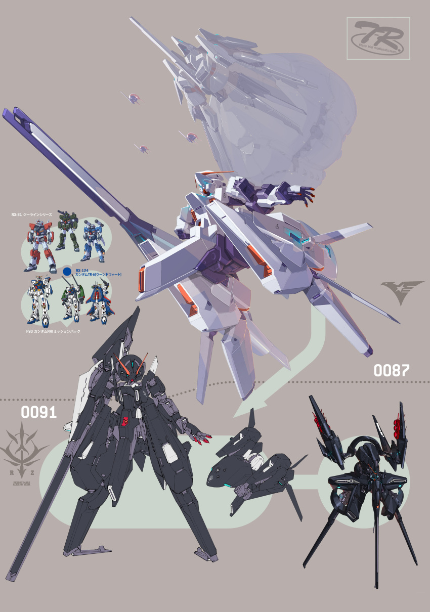 absurdres advance_of_zeta advance_of_zeta_re-boot f90_gundam grey_background gundam highres kenki_fujioka mecha multiple_views no_humans official_art rx-81_g-line simple_background tr-6_woundwort