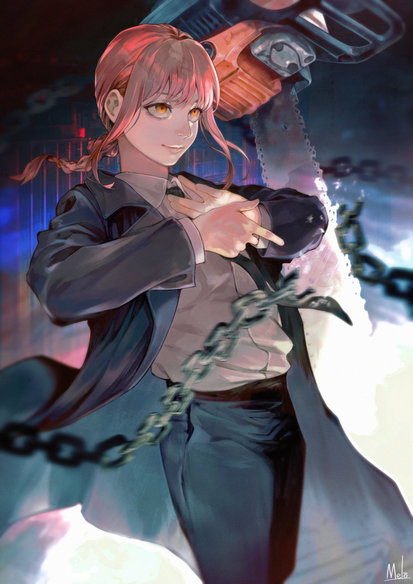 1girl absurdres bangs black_jacket black_neckwear black_pants braid braided_ponytail brown_hair businesuit chain chainsaw chainsaw_man collared_shirt formal hand_gesture highres jacket kyuuba_melo light_smile long_hair looking_to_the_side makima_(chainsaw_man) necktie pants ringed_eyes shirt shirt_tucked_in smile solo weapon white_shirt yellow_eyes